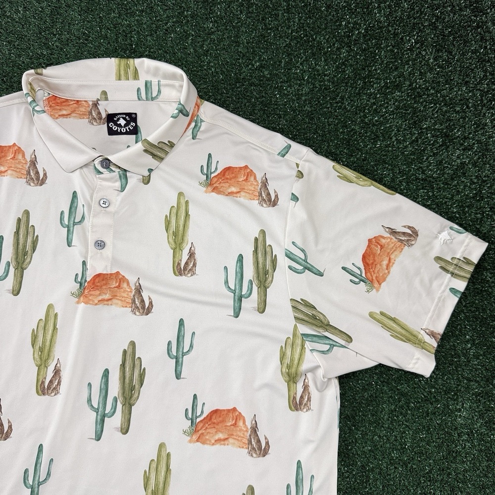 Raised By Coyotes Men's Short Sleeve Polo Shirt Size XL Desert Cactus Print
